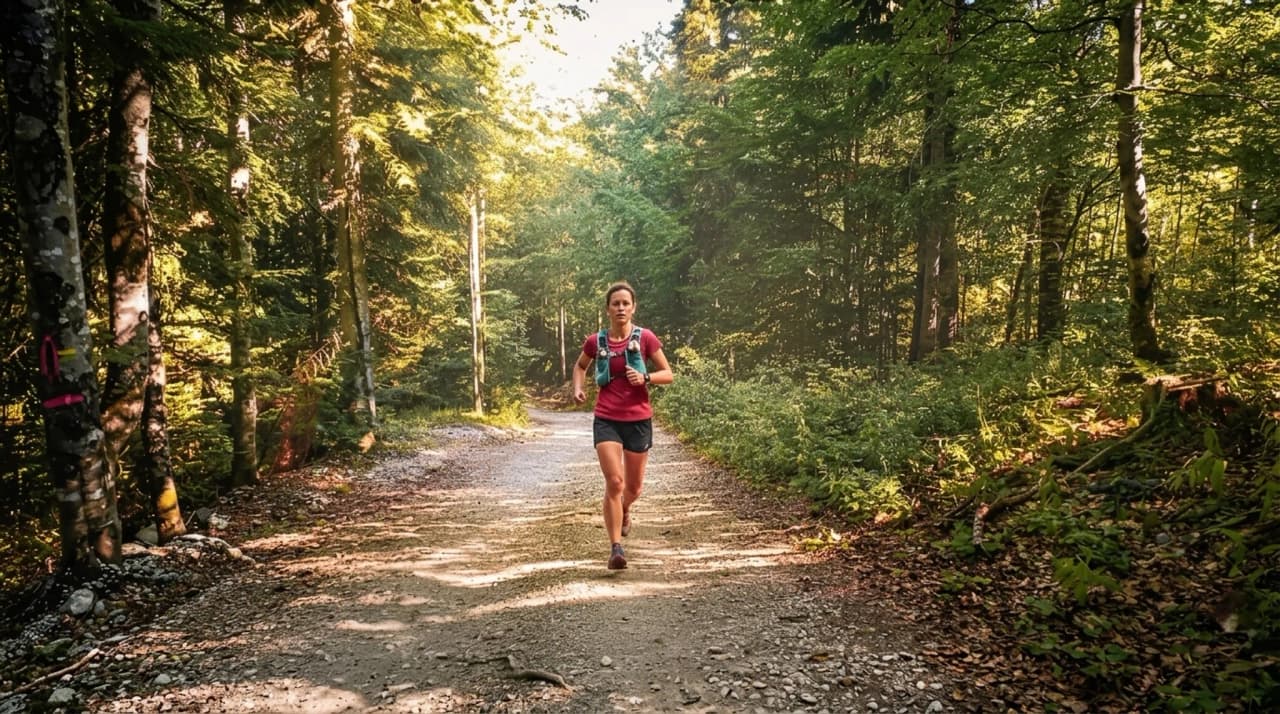 Vrouw hardlopend op een zonnig bospad, omgeven door groen in de Vercors.