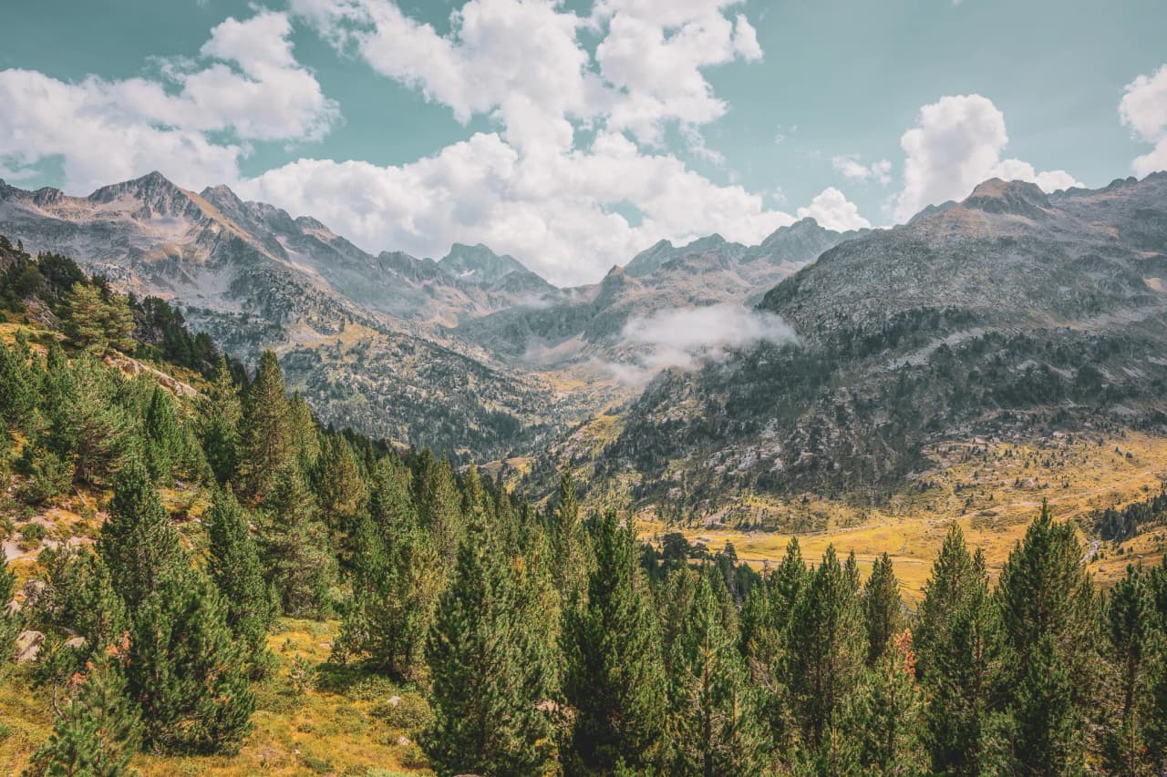 Majestic panoramas of the Pyrenees, high altitude lakes and lush green forests under sunny skies.