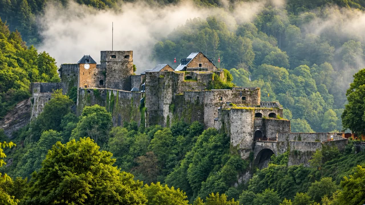 Château médiéval surplombant une verdoyante vallée ardennaise, mystique et pittoresque.