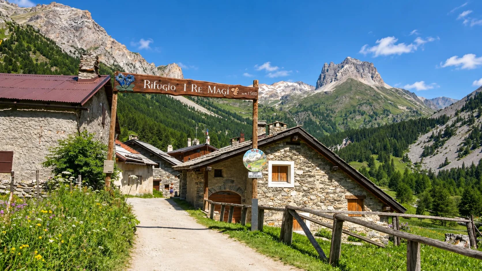 A mountain hut in the heart of the countryside, surrounded by lush green mountains and sparkling alpine lakes.