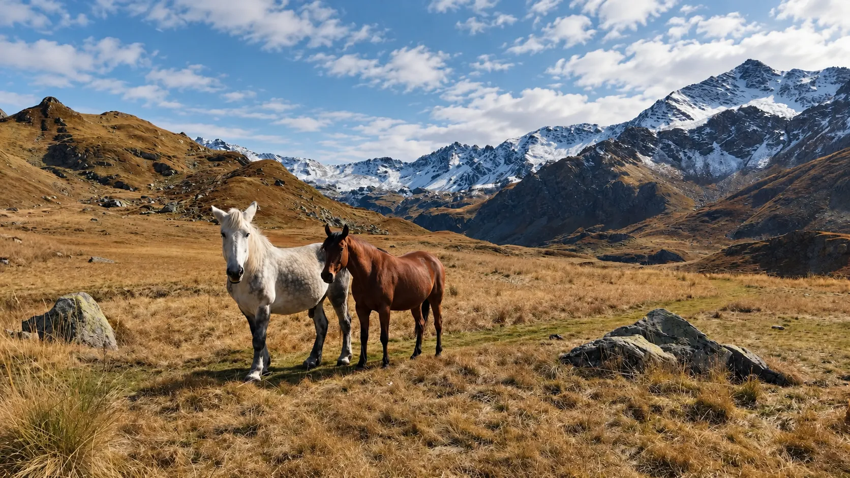 Two horses, one white and one brown, are grazing peacefully in a majestic alpine landscape.