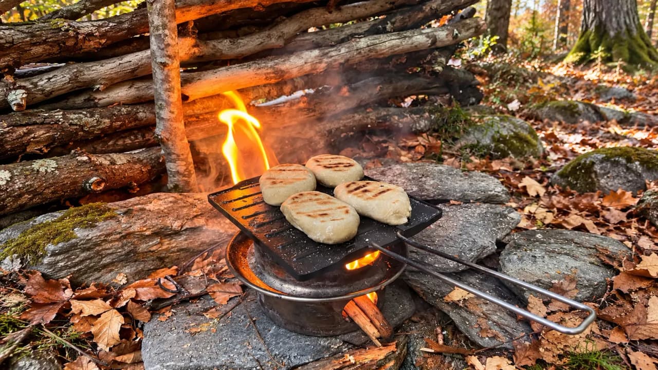A campfire is cooking golden pancakes on a grill, surrounded by golden autumn foliage.