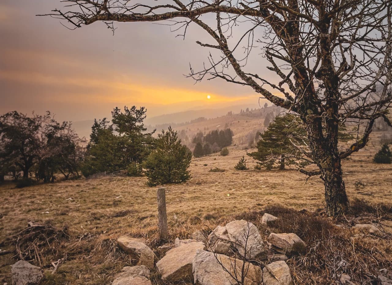 Coucher de soleil sur les Vosges, paysages naturels et ambiance apaisante, invitation à l'évasion.