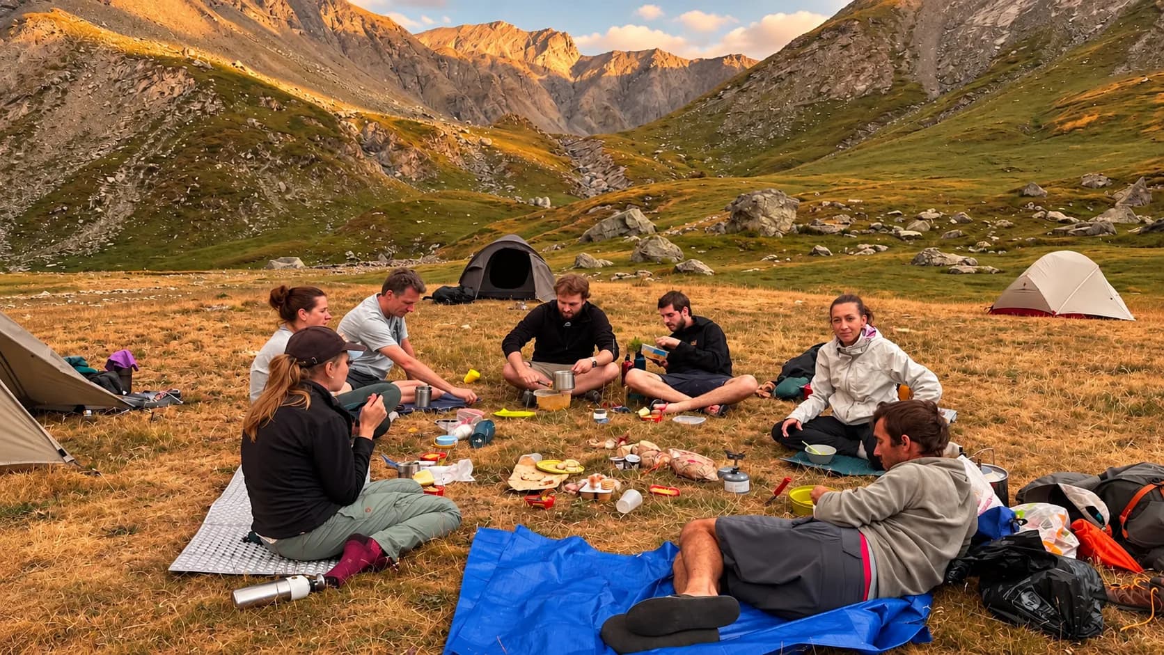 Groupe de randonneurs partageant un repas en bivouac dans la vallée des Écrins, entourés de montagnes.