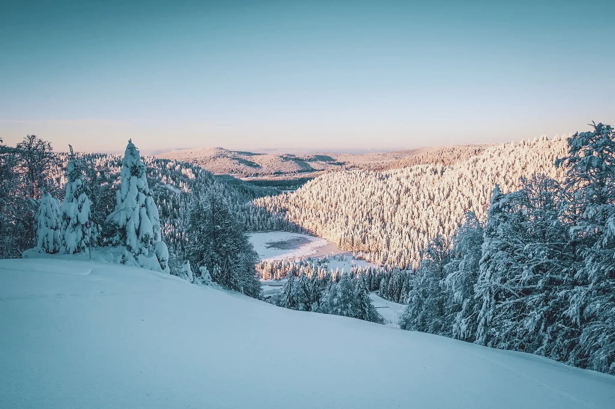 A vast snow-covered landscape in the Vosges, with melancholy forests and brilliant blue skies. A corner of winter paradise.