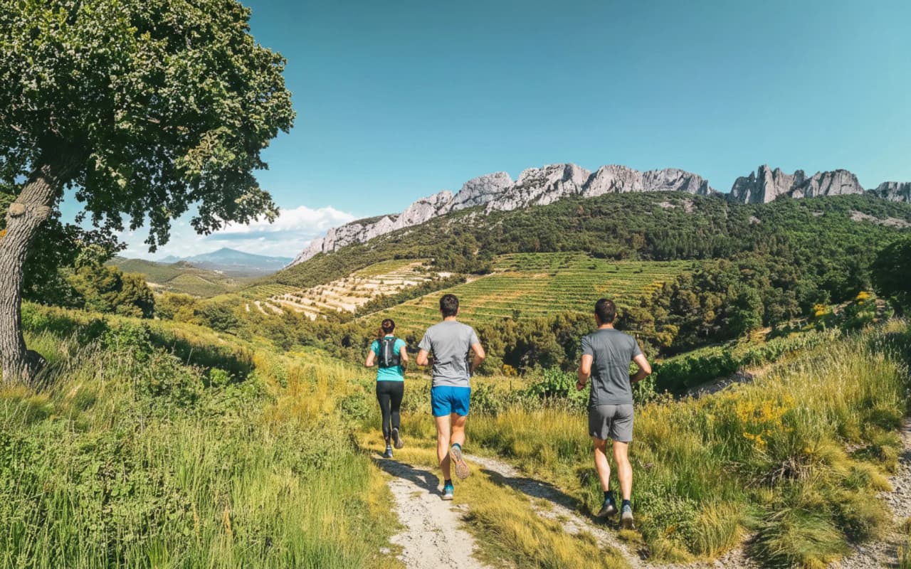 Trois coureurs sur un sentier verdoyant, avec le Mont Ventoux en arrière-plan, sous un ciel radieux.