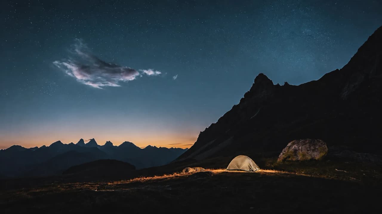 Tente illuminée sous un ciel étoilé, entourée de montagnes majestueuses au crépuscule.