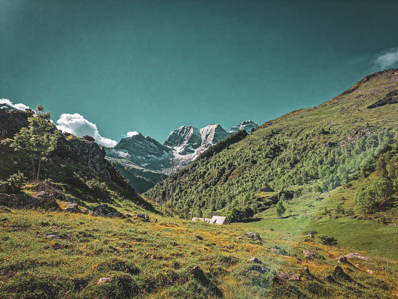 Une petite grange isolée repose au creux d'une vallée verdoyante, dominée par des sommets rocheux enneigés sous un ciel d'un bleu profond.
