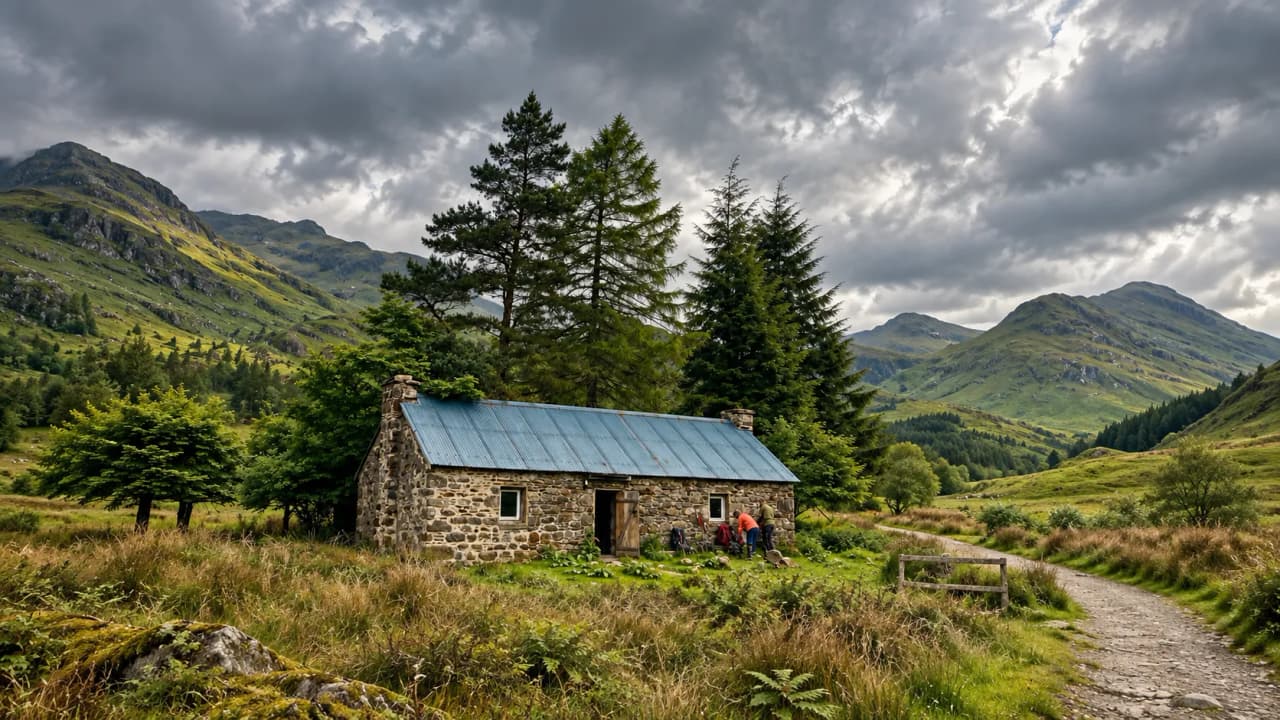 A small stone bothy with a blue roof beside a valley path, where two hikers take a break