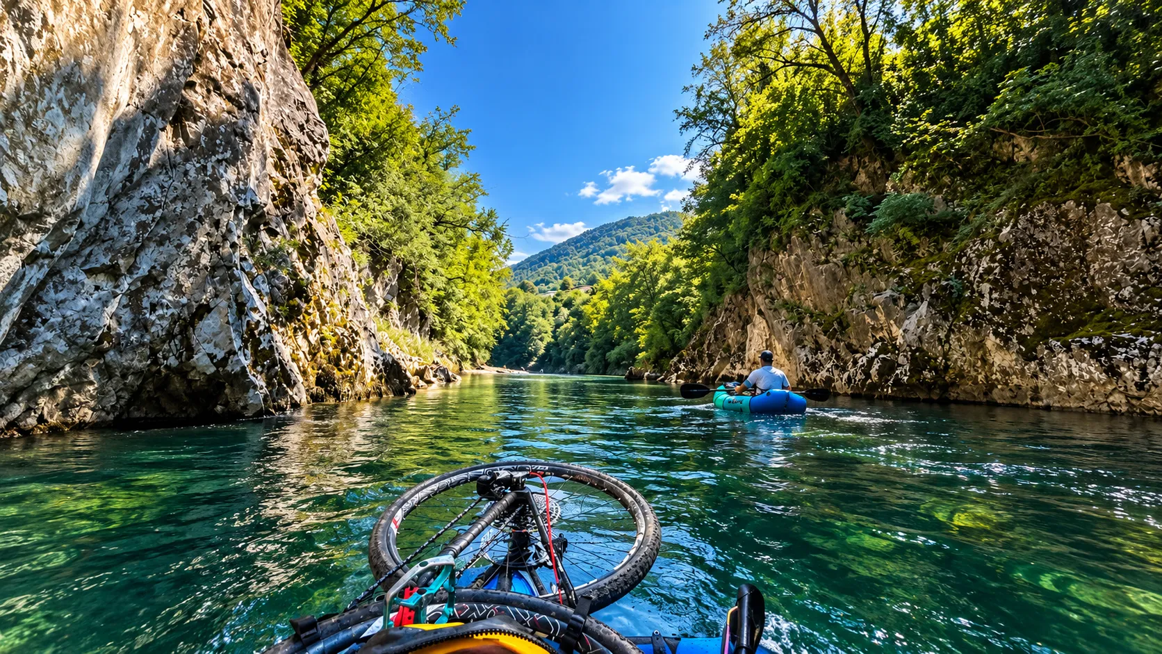 Un packraft glisse paisiblement sur une rivière émeraude entourée de falaises et de verdure alpine.
