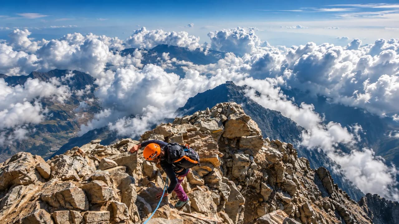 A mountaineer is climbing the rocky peak, surrounded by clouds and majestic mountains.