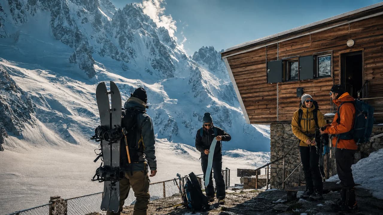 A group of hikers carrying snowboards in front of a mountain hut, in the heart of the mountains, beneath Mont Blanc.