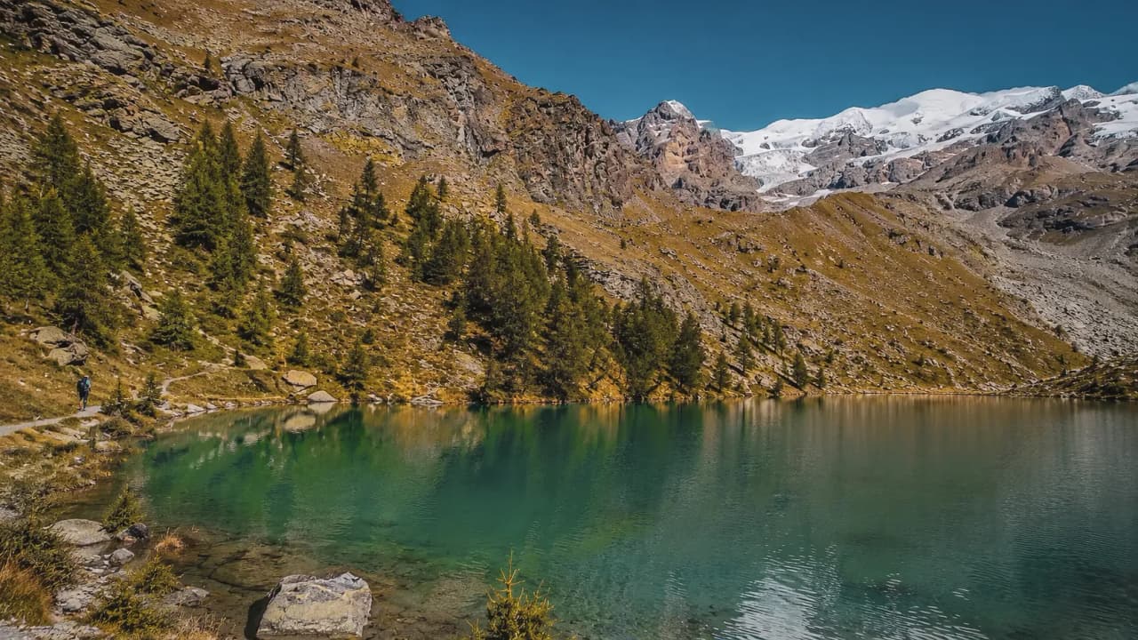 A turquoise lake surrounded by majestic mountains, inviting you to embark on an alpine adventure.