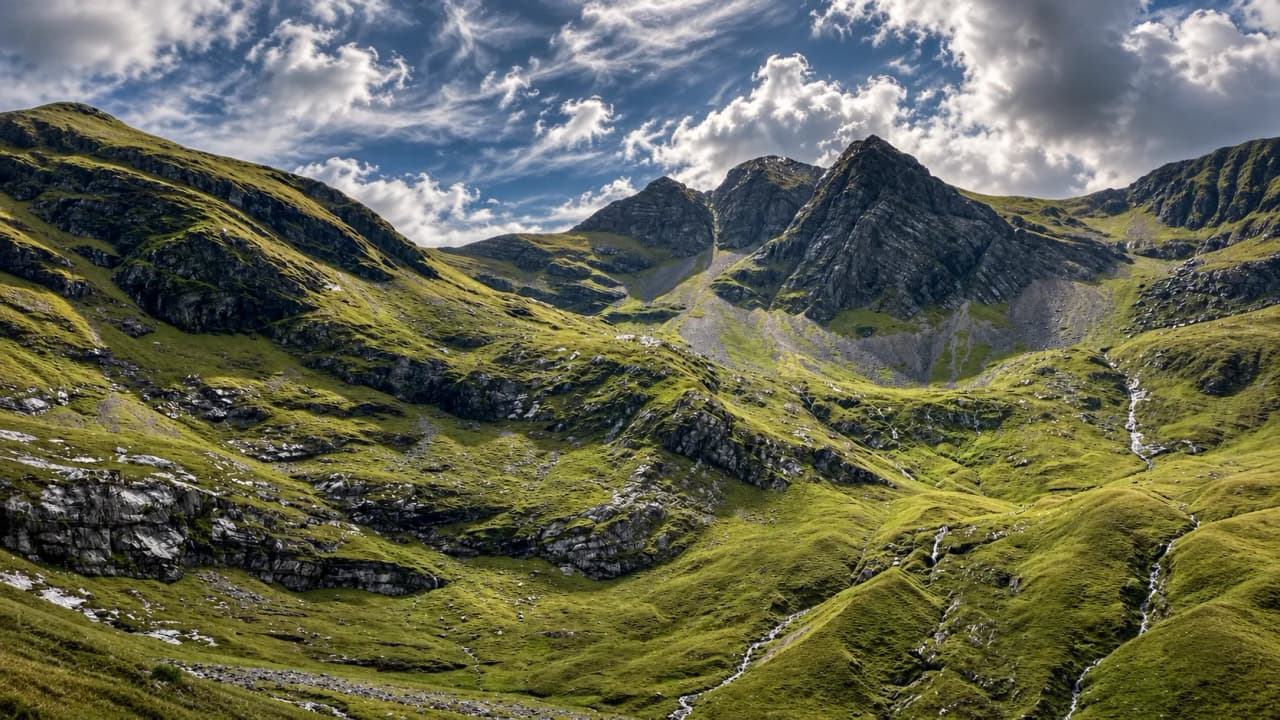 A green glen threaded with streams beneath rocky Highland peaks