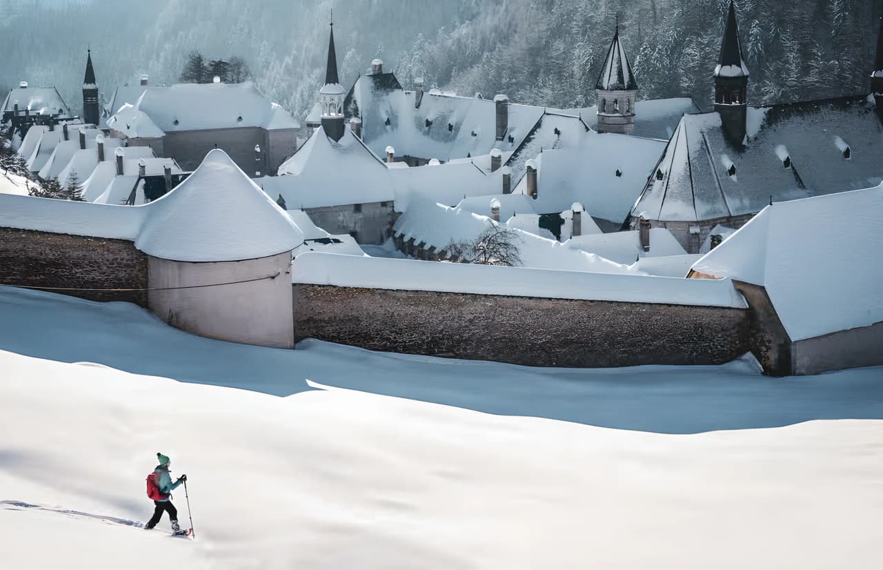 Vue panoramique d'un monastère enneigé en montagne, avec randonneurs sur des crêtes blanches.