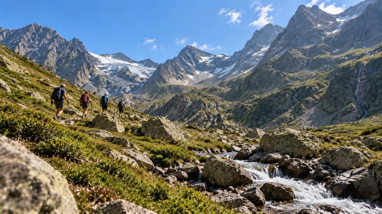 Hikers are exploring the mountains of Valgaudemar, surrounded by majestic scenery.