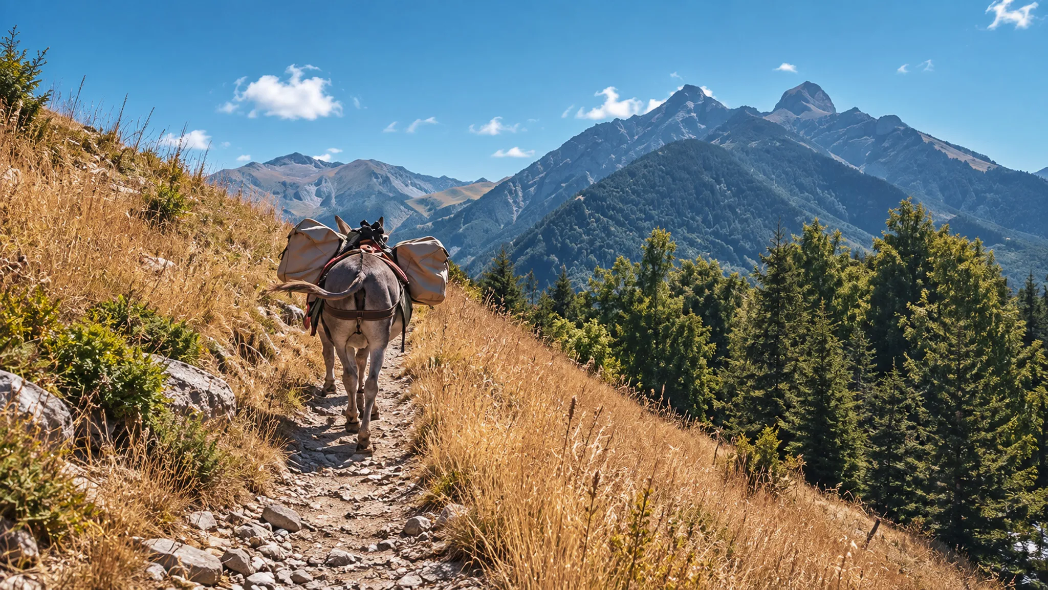 Un âne marche sur un sentier alpin, avec des montagnes majestueuses en arrière-plan.