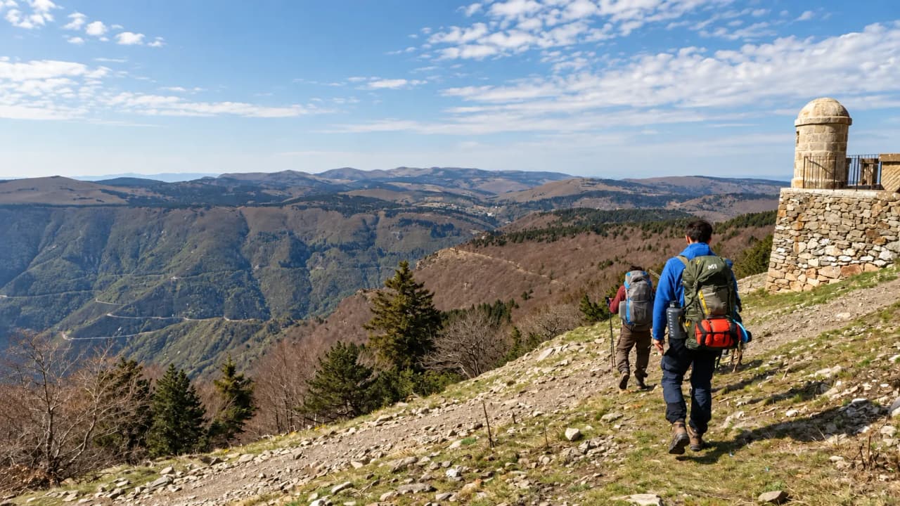 Hikers on a mountain trail, with a panoramic view of the sun-drenched Cévennes.
