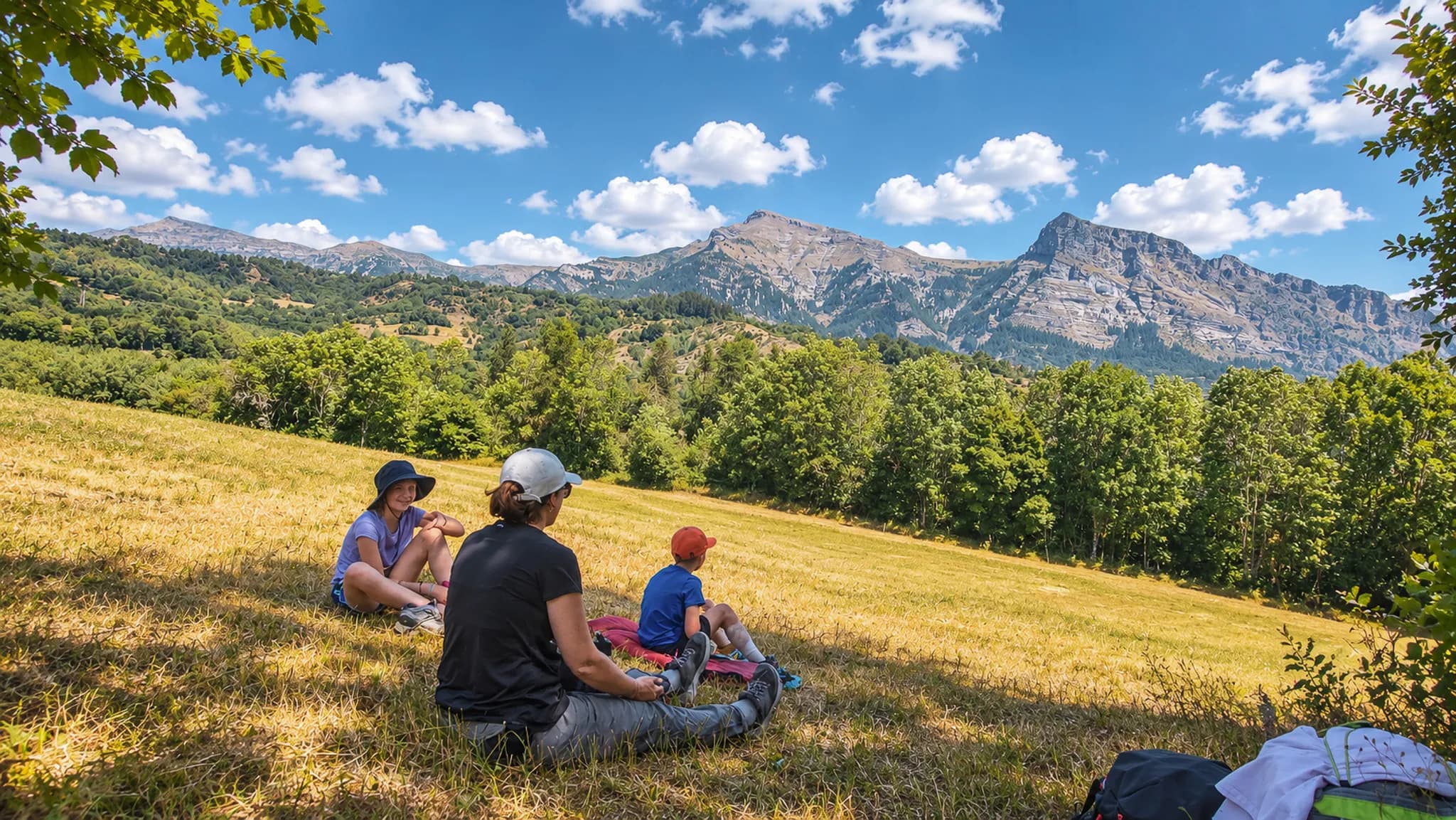 Des randonneurs se reposent sous le ciel bleu, admirant les montagnes des Écrins.