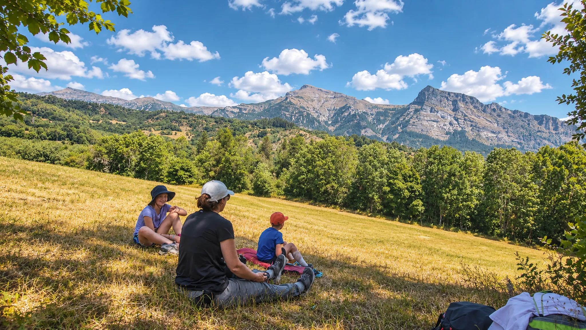 Des randonneurs se reposent sous le ciel bleu, admirant les montagnes des Écrins.