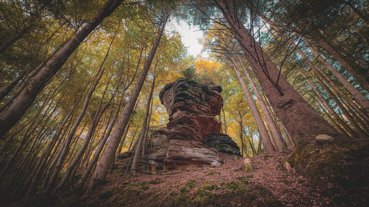 Een majestueuze rotswand, omringd door kleurrijke bossen, die uitnodigt tot avontuur in het hart van het Mullerthal.