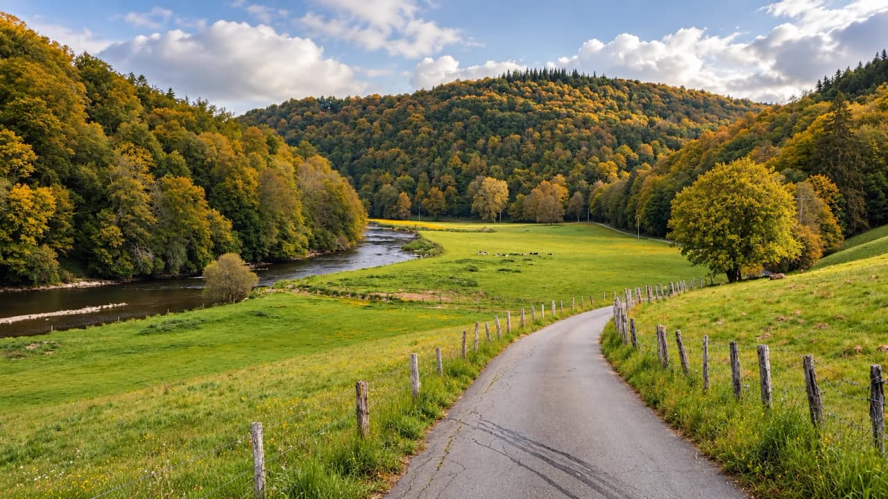 Découvrez un chemin sinueux entouré de forêts colorées et de la Semois, idyllique pour le trail.