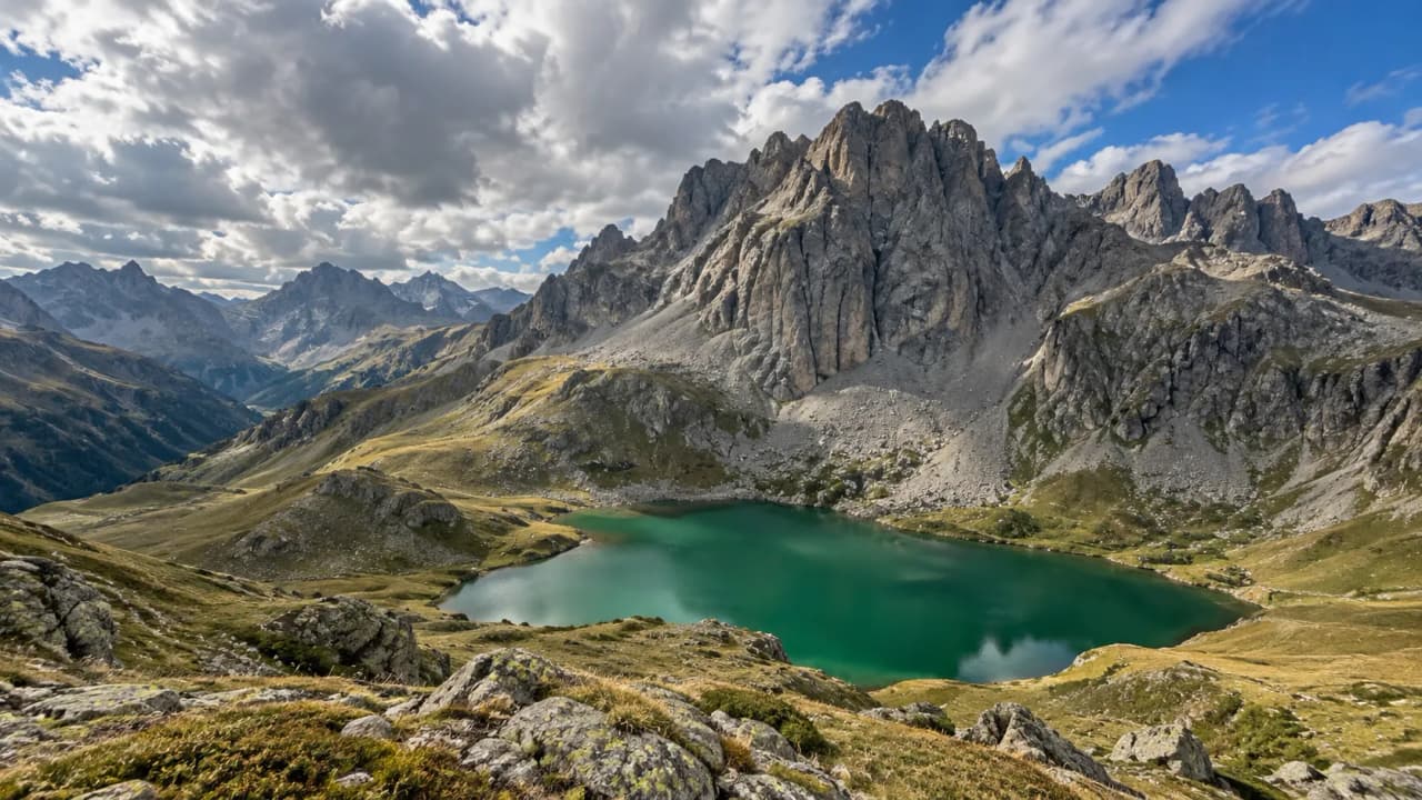 Vaste panorama des Alpes avec lac turquoise et sommets majestueux sous un ciel nuageux.