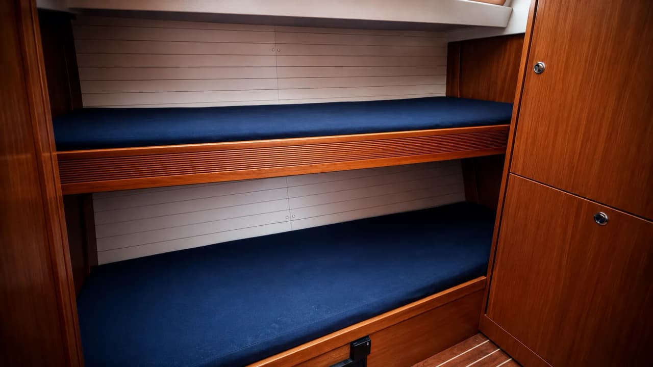 Comfortabele hutten op een zeilboot, klaar voor een avontuur in de Noorse fjorden.