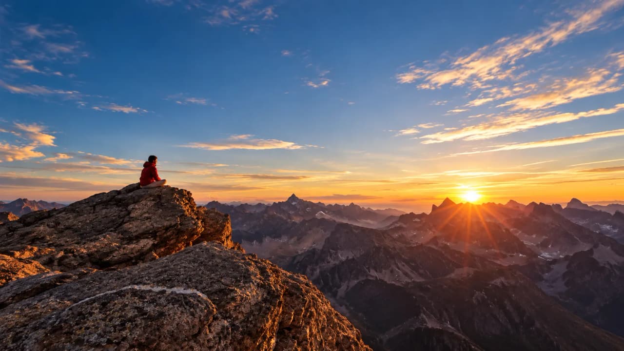 Un aventurier méditant au sommet des Alpes, face à un lever de soleil spectaculaire.