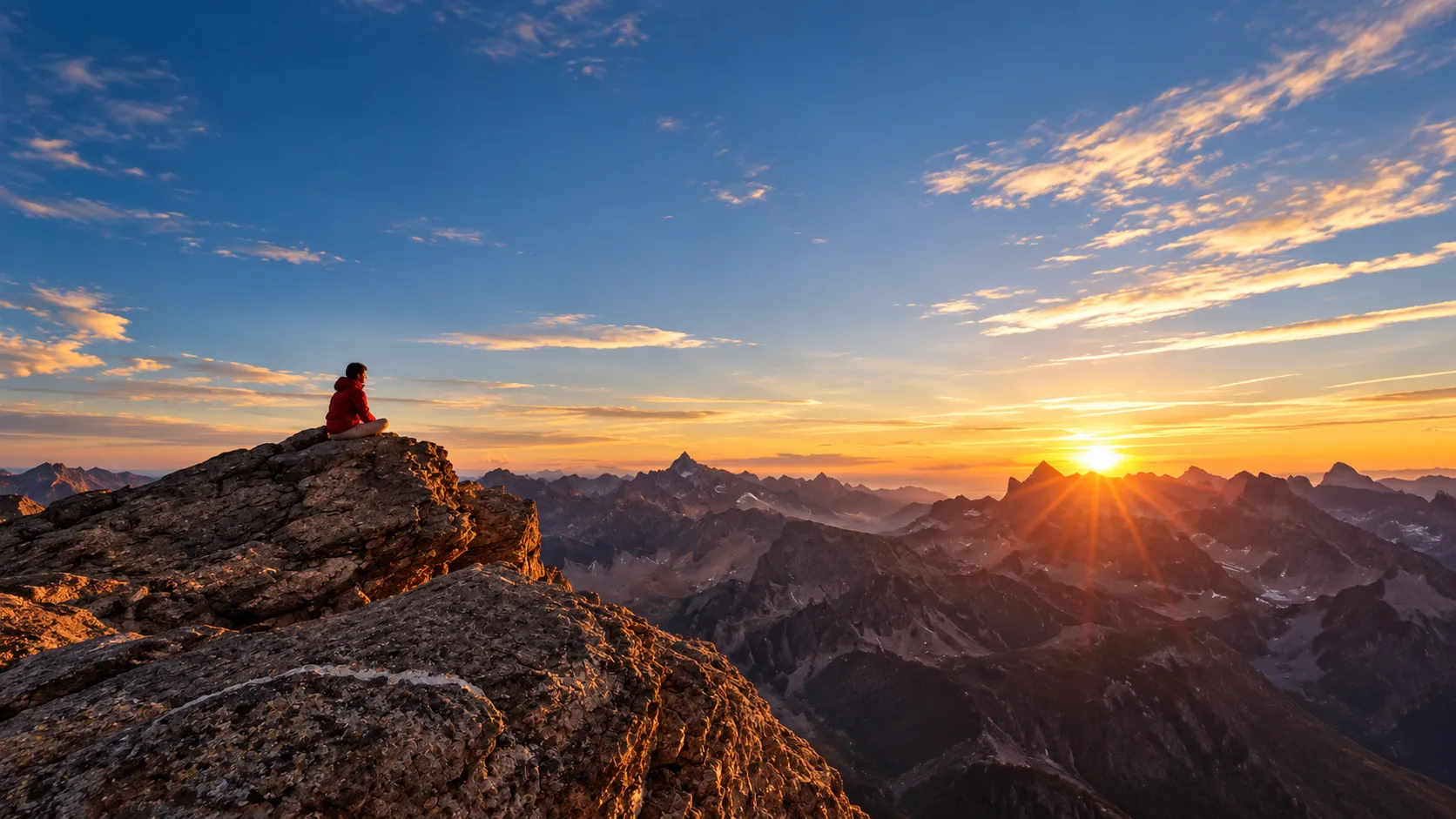 Un aventurier méditant au sommet des Alpes, face à un lever de soleil spectaculaire.