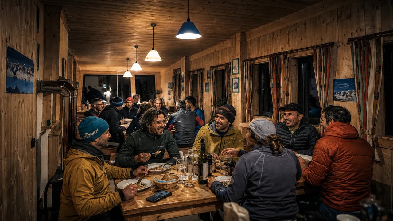 A group of adventurers sharing a cosy meal in a mountain hut.