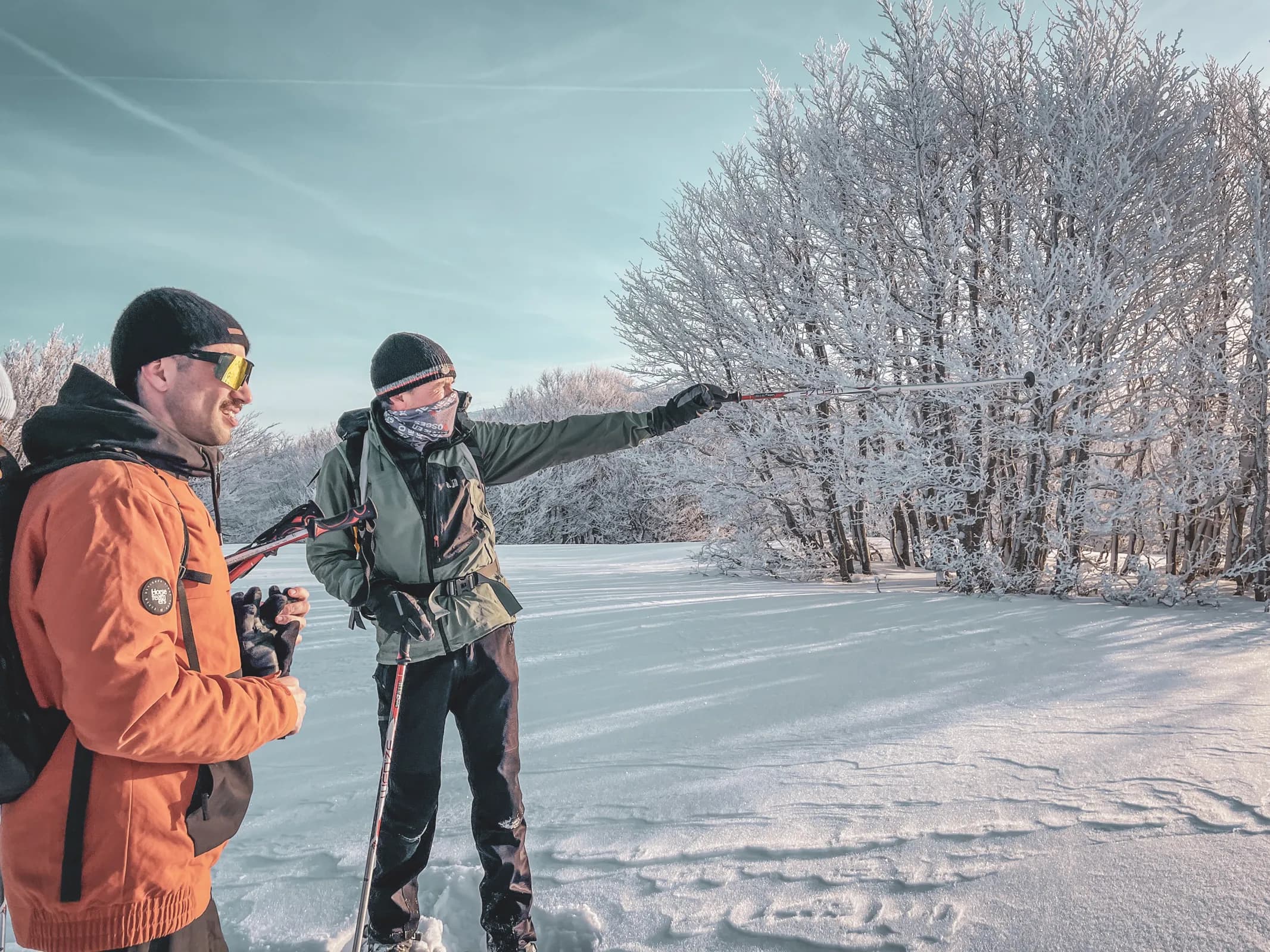 Two men on snowshoes explore a snow-covered landscape in the Vosges mountains under clear skies.