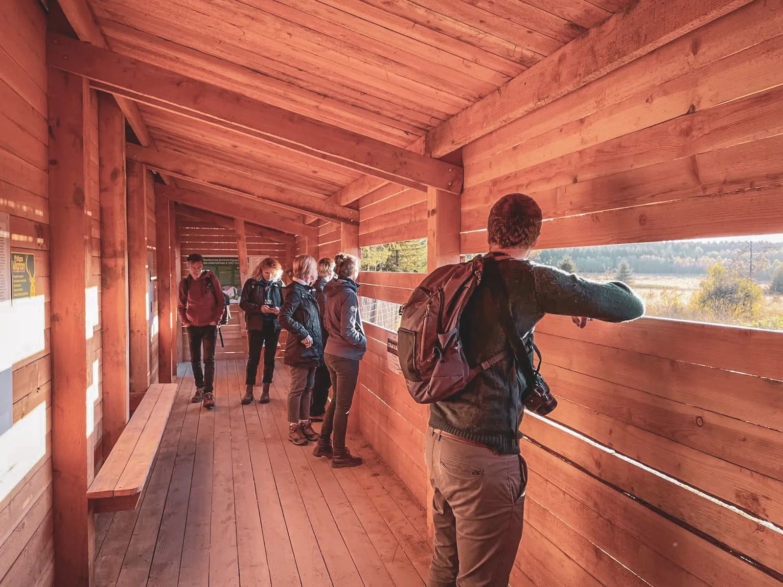 Groupe de personnes observant la nature depuis un belvédère en bois en Ardenne.