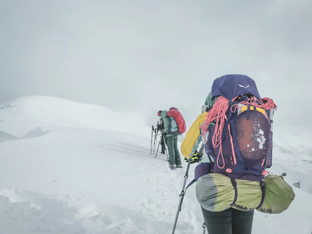 Groupe en randonnée en raquettes sur neige, paysage alpin majestueux en arrière-plan.