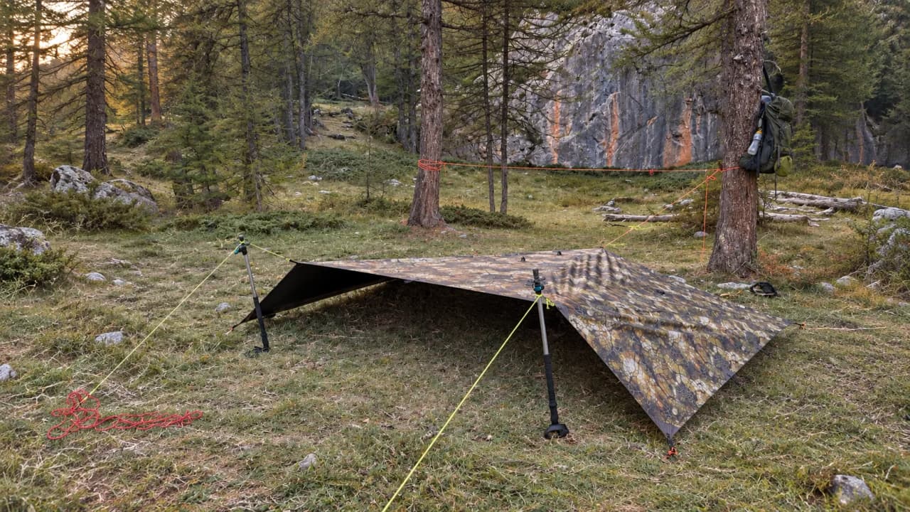 Tente camouflée installée en pleine nature alpine, entourée de pins majestueux et rochers.