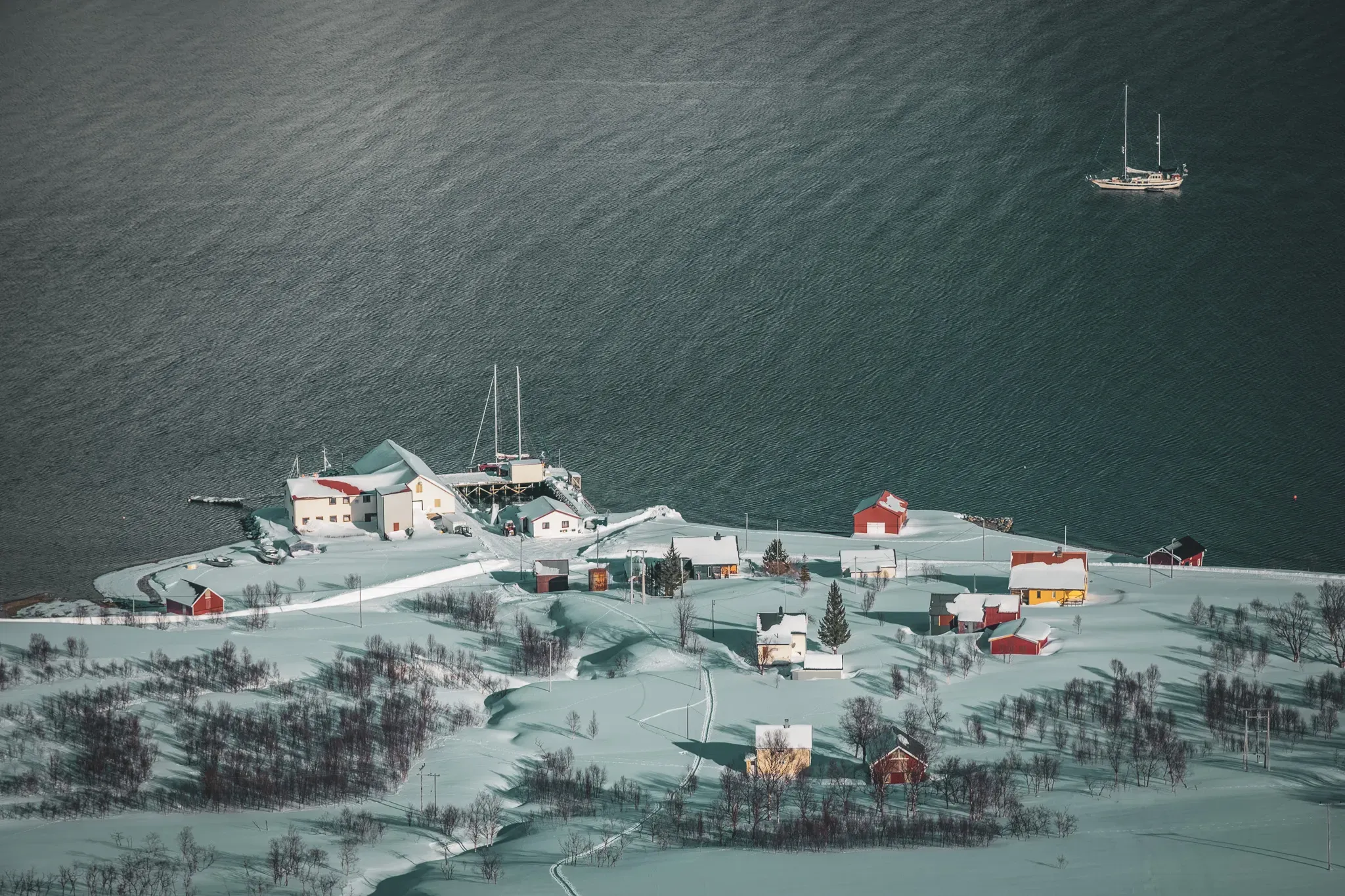 A picturesque snow-covered village overlooking a fjord, with colourful houses and a sailboat.