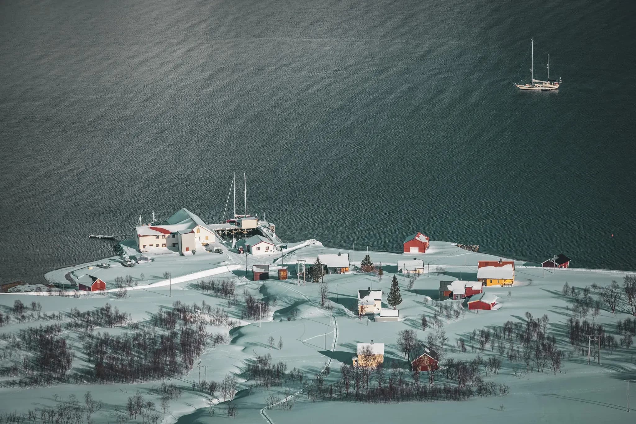 A picturesque snow-covered village overlooking a fjord, with colourful houses and a sailboat.