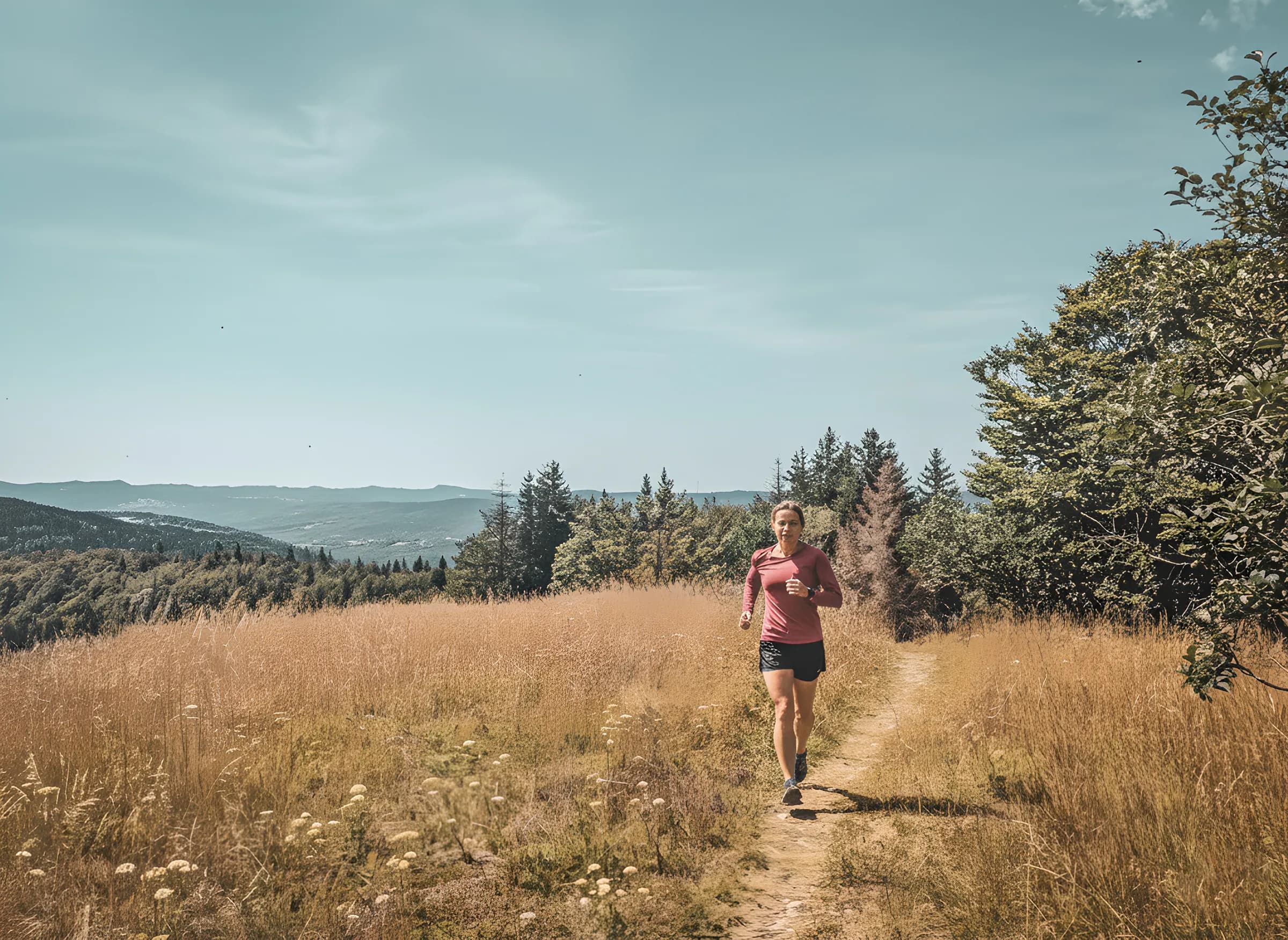 Un coureur sur un sentier verdoyant du Jura, avec une vue dégagée sur les montagnes au loin.