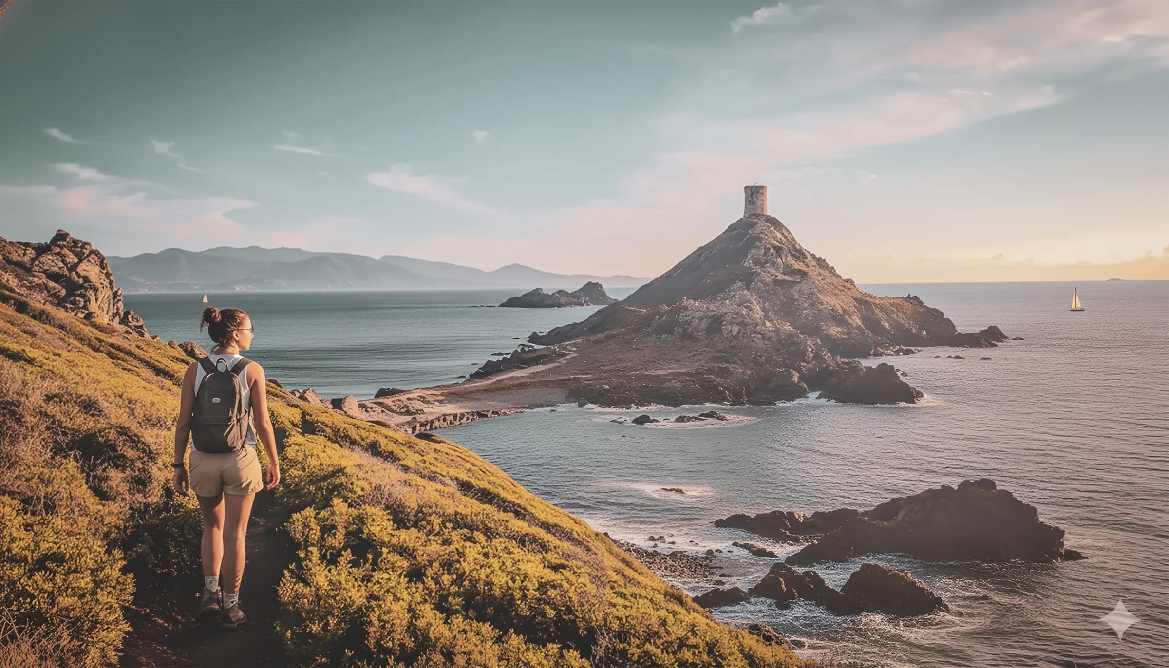 Une randonneuse admire la vue sur la mer et les criques de Corse, avec une tour génoise en arrière-plan.