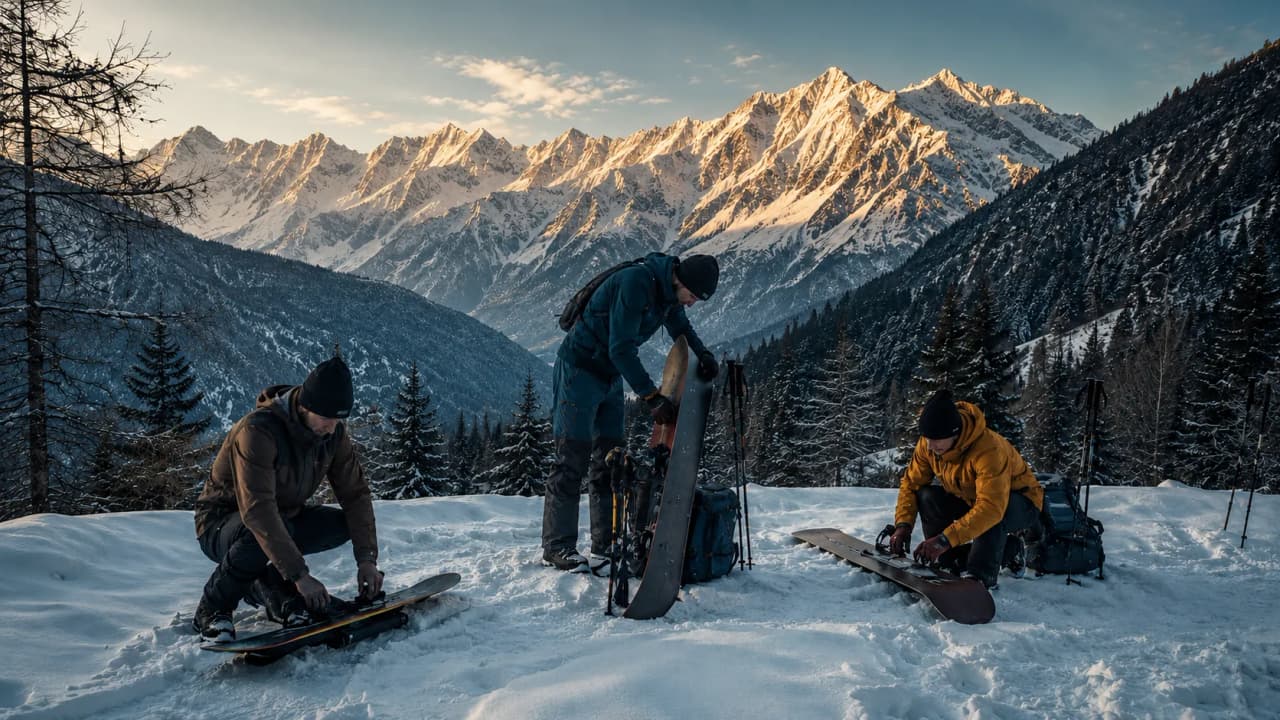 Three snowboarders are getting their kit ready against the backdrop of the majestic mountains of Chamonix.