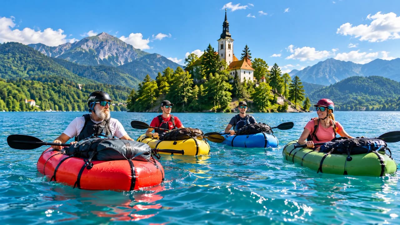 A group of people in packrafts, paddling on a turquoise lake surrounded by majestic mountains.
