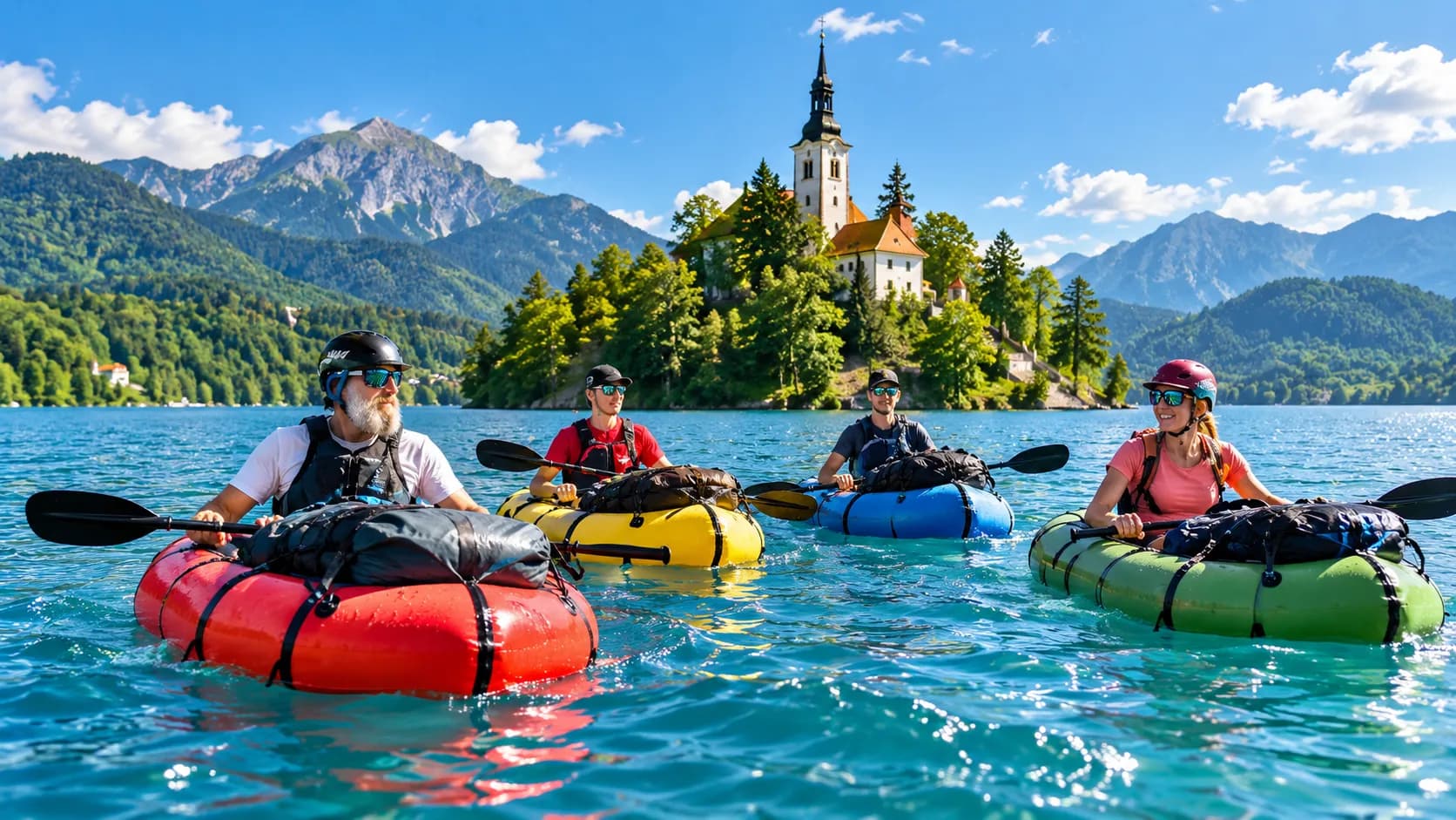 Groupe de personnes en packraft, naviguant sur un lac turquoise entouré de montagnes majestueuses.