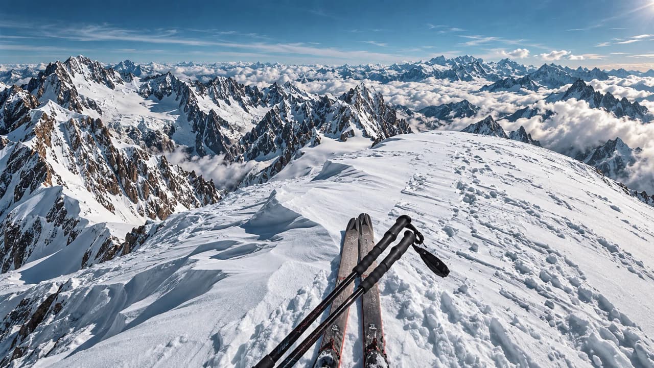 Une vue panoramique époustouflante du sommet enneigé du Mont Blanc, parfaite pour le ski d'ascension.