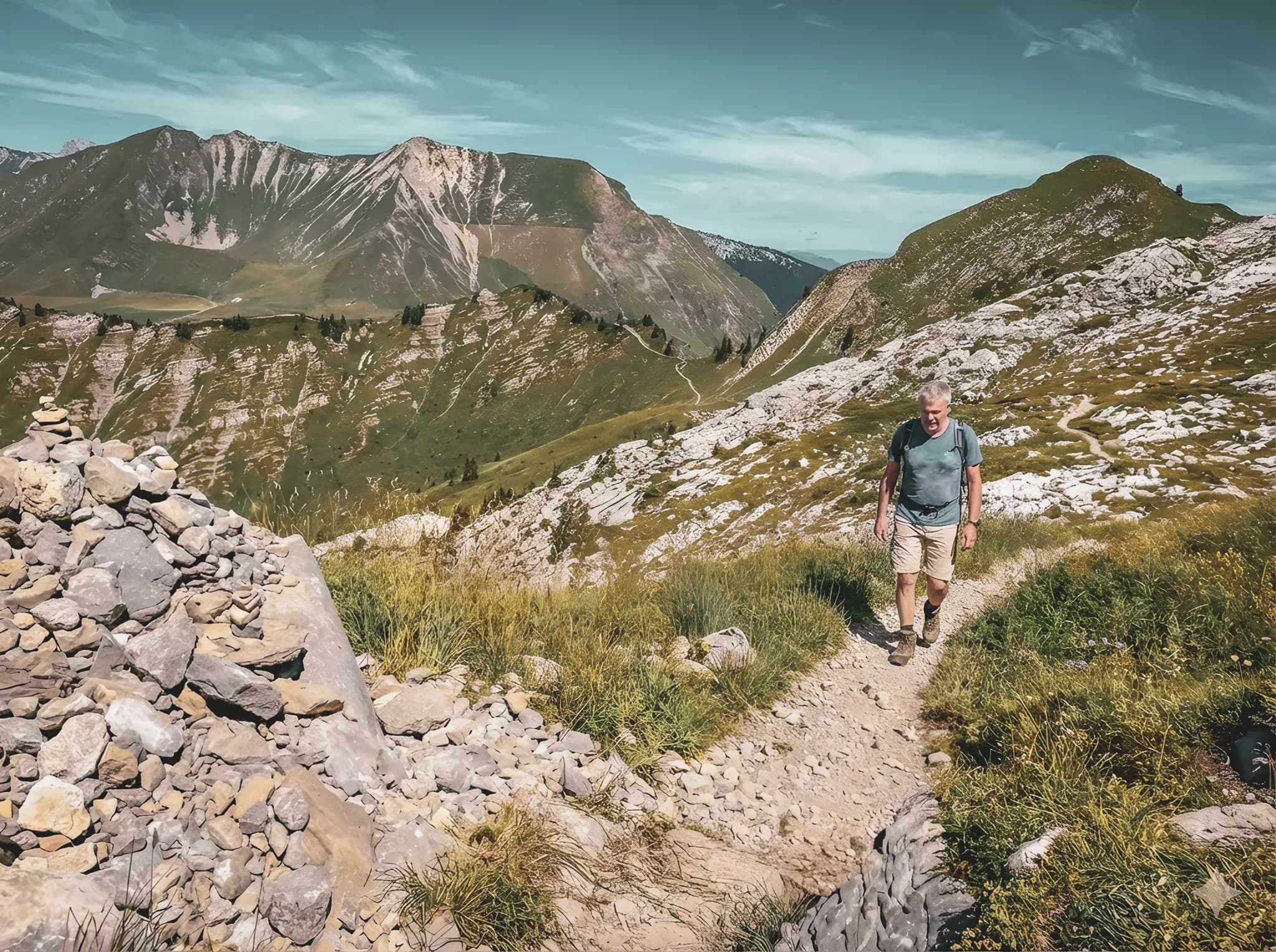 Randonneur sur un sentier alpin, entouré de paysages majestueux des Aravis. Aventure garantie !