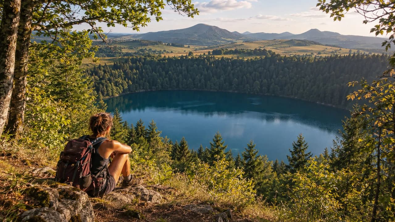 Une randonneuse admire un lac paisible, entouré de verdure et de montagnes au coucher du soleil.