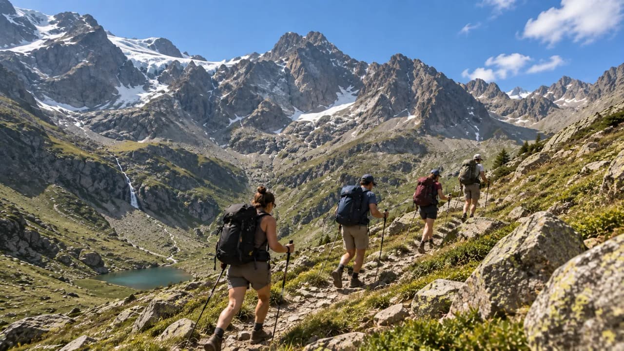 A mountain trek in Valgaudemar, with walkers on a path surrounded by breathtaking scenery.