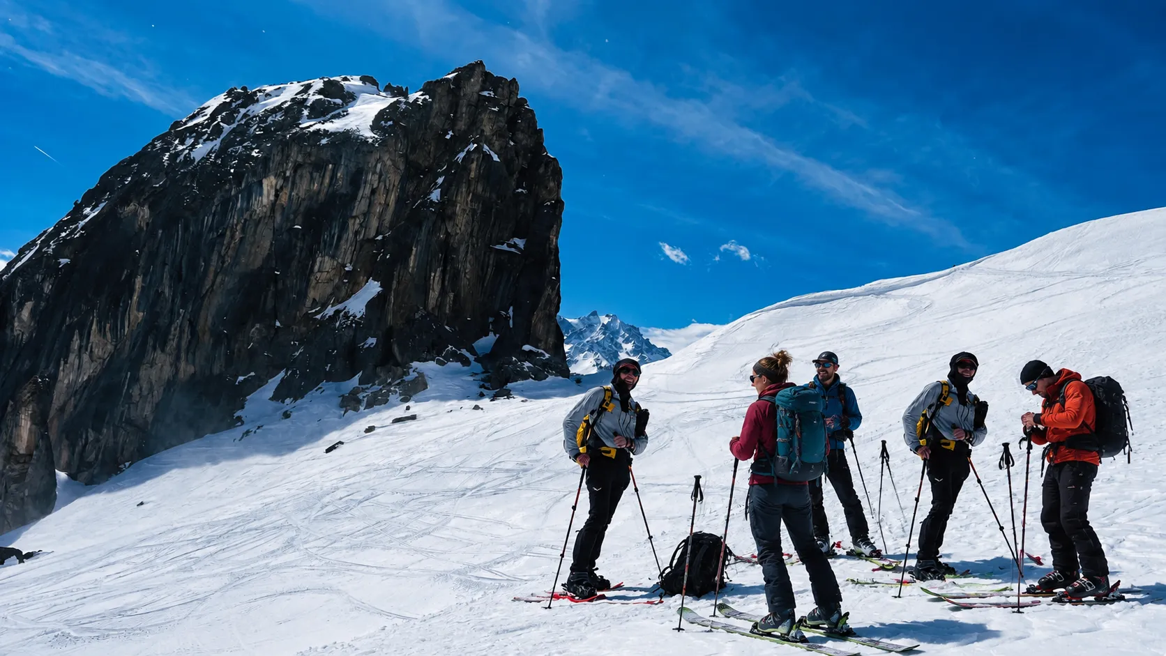 Een groep toerskiërs in het Beaufortain, onder een blauwe hemel, met op de achtergrond een grote besneeuwde rots.