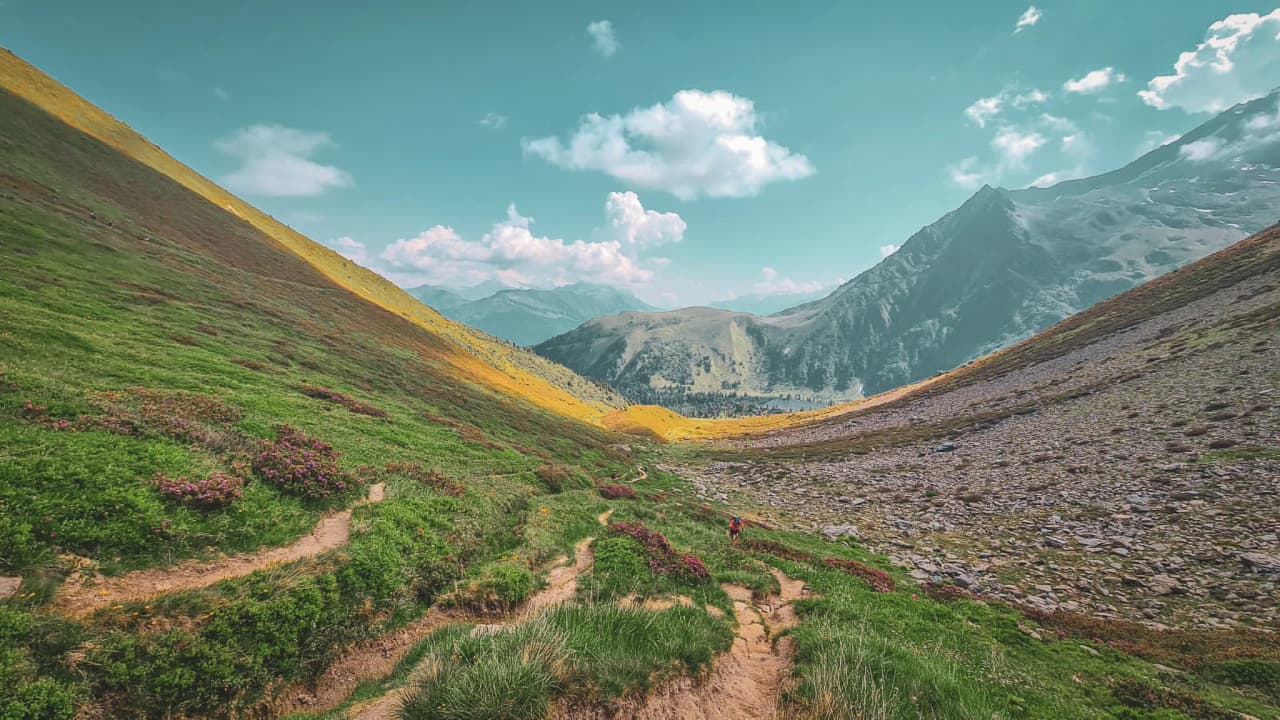 A winding path leads through flower-filled meadows, surrounded by majestic mountains.