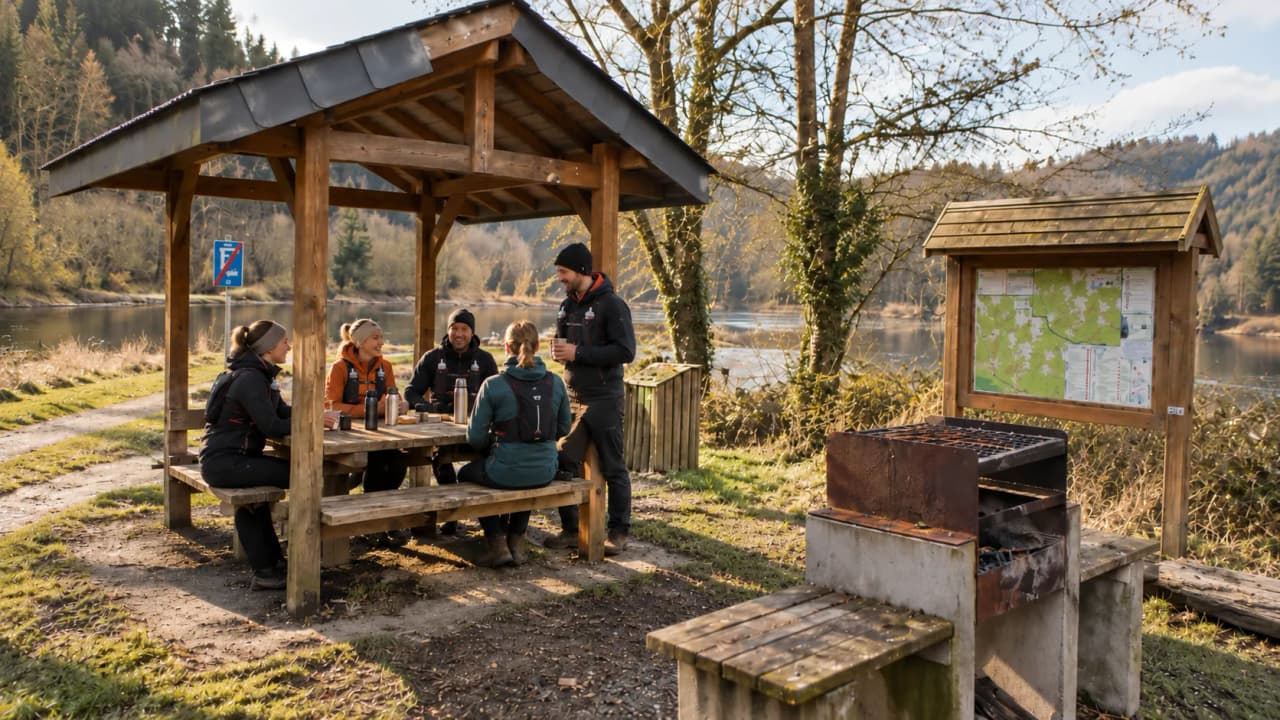 Groupe rassemblé autour d'une table en bois, profitant d'une pause au bord de la Semois en Ardennes.