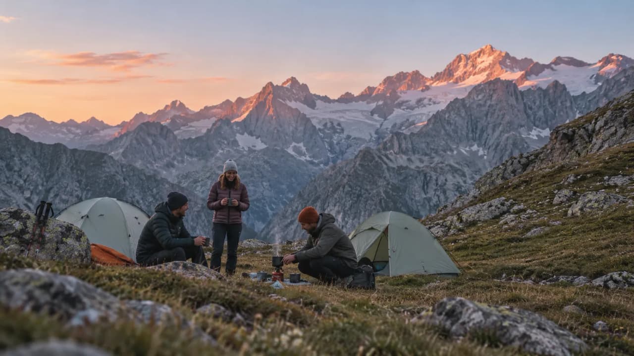 Trois amis bivouaqués en montagne, admirant le coucher de soleil sur les majestueuses Écrins.